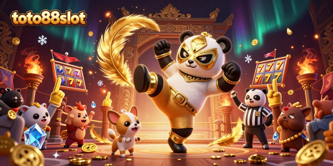 Experience excitement with toto88slot as a 3D panda wrestler delivers a flying kick in a vibrant casino.