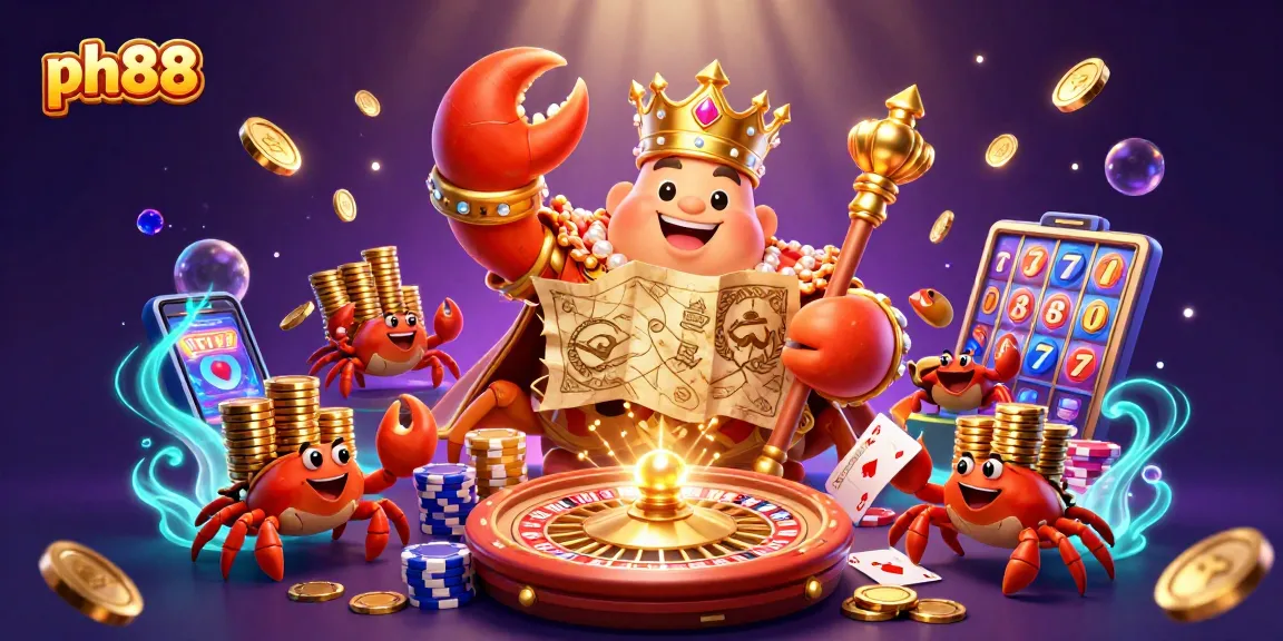 Experience the thrill of ph88 with a golden crab emperor, vibrant casino elements, and dynamic action in this illustration.