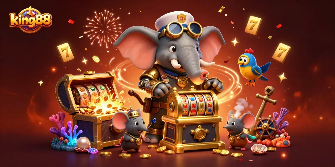 Spin the king88 slot machine with vibrant treasures and a steampunk elephant engineer.