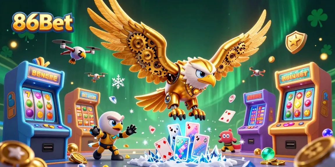 Engage in exciting gaming adventures with 86Bet as a cybernetic eagle dives through holographic playing cards.