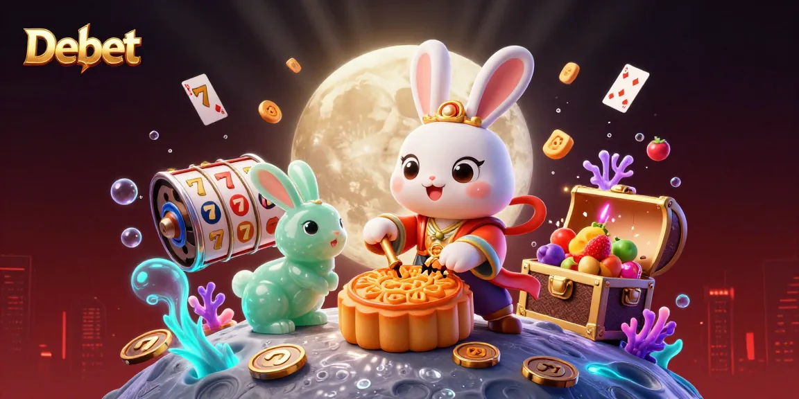 Experience the thrill of Debet gaming with vibrant scenes of gambling fun, slot reels, and magical characters.