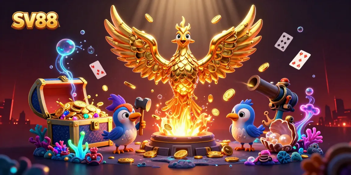 SV88 phoenix emerging from a forge, transforming gold coins amid casino elements for dynamic gaming action.