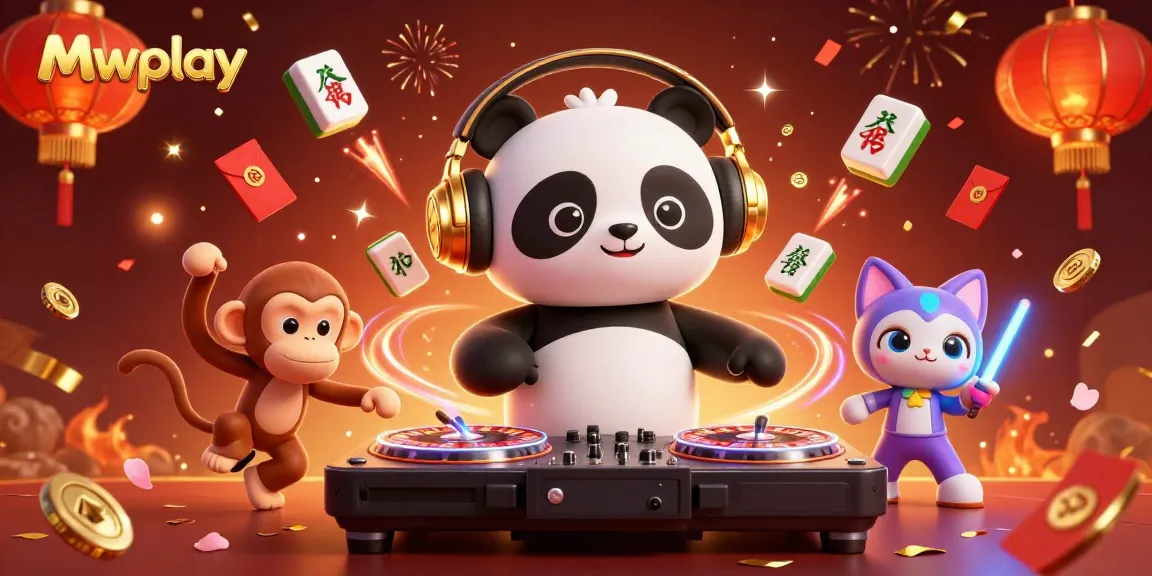 Mwplay offers vibrant gaming action with a DJ panda and animated characters in a festive casino scene.