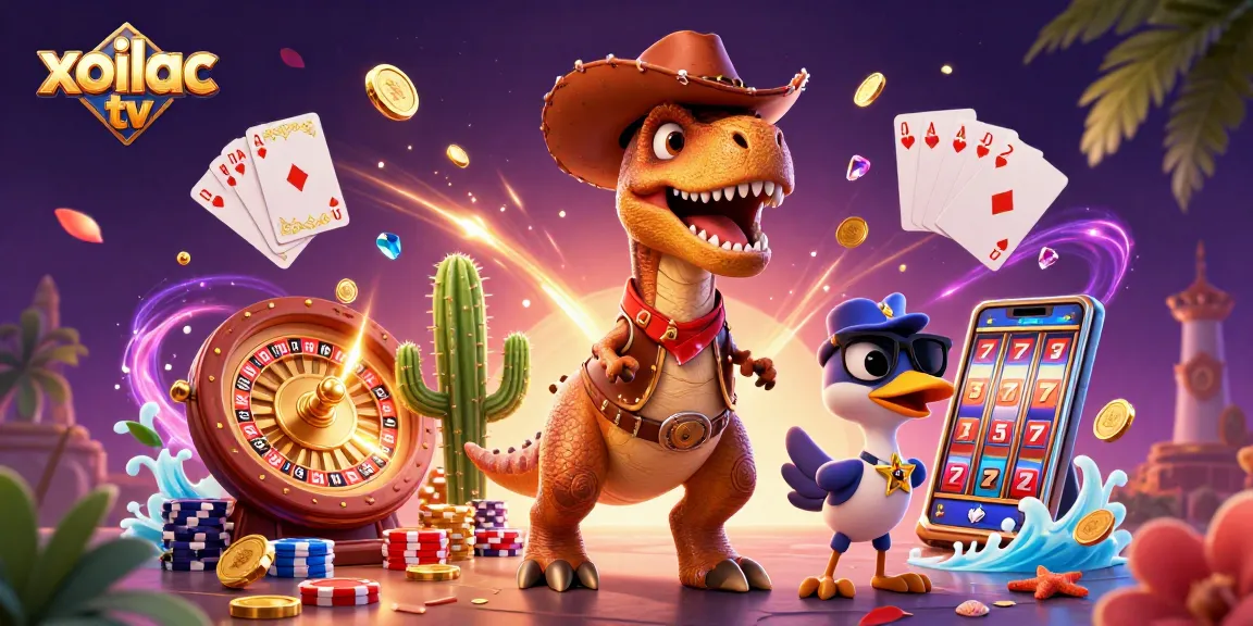 Xoilac TV showcases a dynamic scene of a T-Rex cowboy and friends enjoying casino fun, surrounded by gold coins and poker elements.
