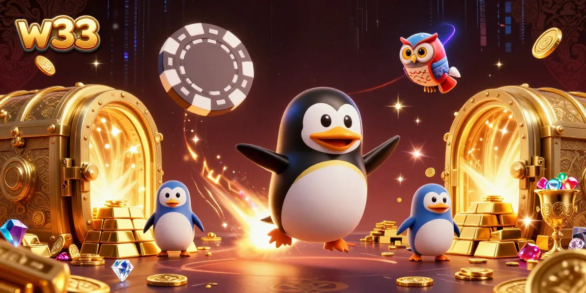 Win big with w33 in this vibrant casino-themed illustration showcasing a golden penguin in space.