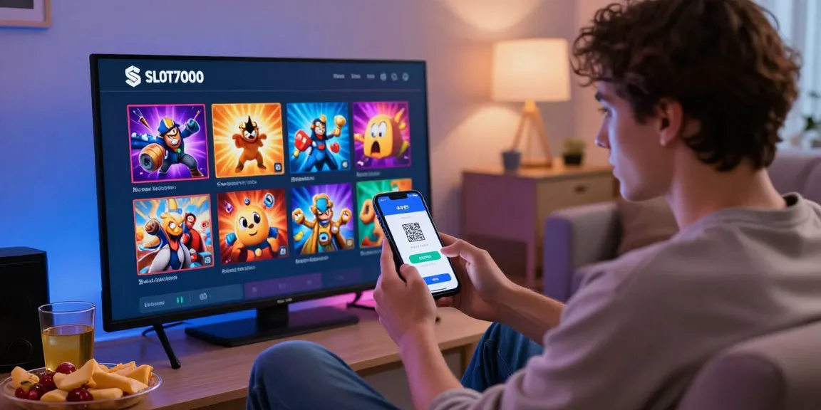 SLOT7000 app interface showcased on a smartphone with lively slot game graphics.