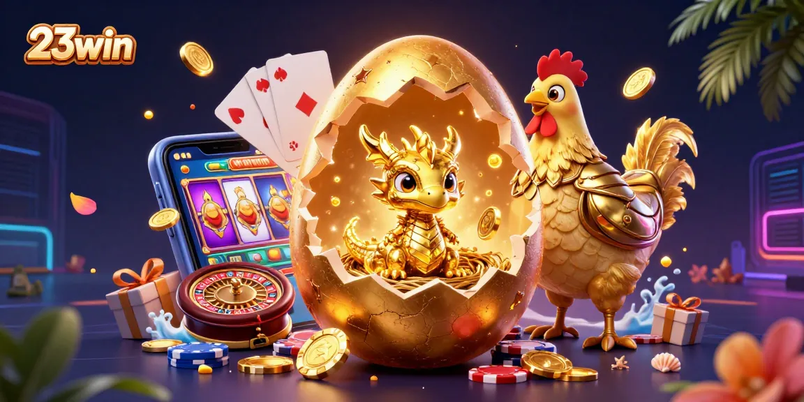 Experience the excitement of 23win with a golden dragon on poker chips amidst colorful slot game elements.