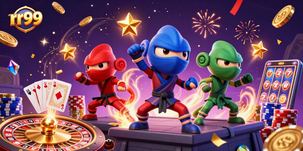 rr99 showcases a dynamic trio of ninja chameleons celebrating wins with dazzling casino features.