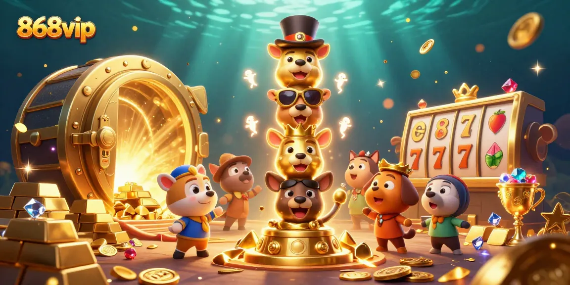 Experience the thrills of 868vip casino with a vibrant 3D illustration full of gold treasures and exciting slot elements.
