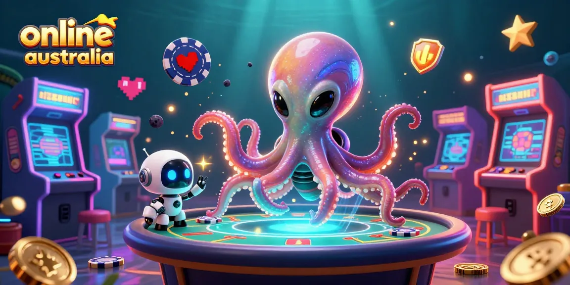 Engage in thrilling gameplay at online casino Australia with an alien octopus and vibrant gambling elements.