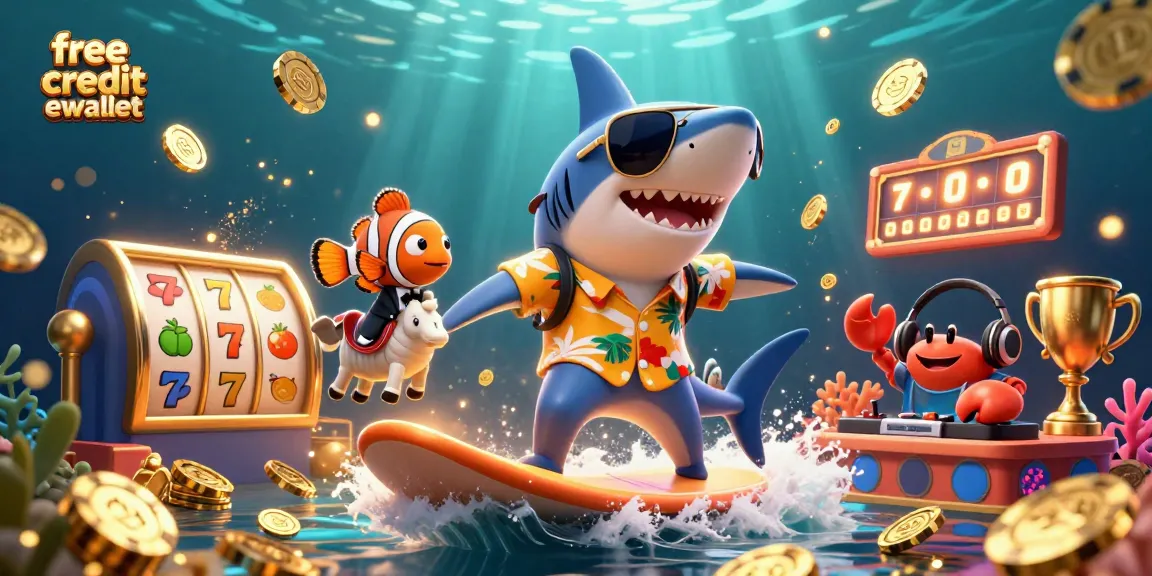 Engage with free credit ewallet while enjoying a vibrant casino scene featuring animated sea creature characters.