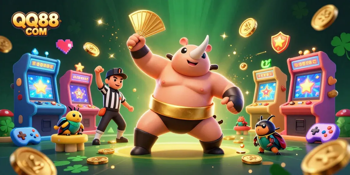 Experience exciting gameplay with QQ88 COM featuring a sumo beetle champion and vibrant gambling elements.