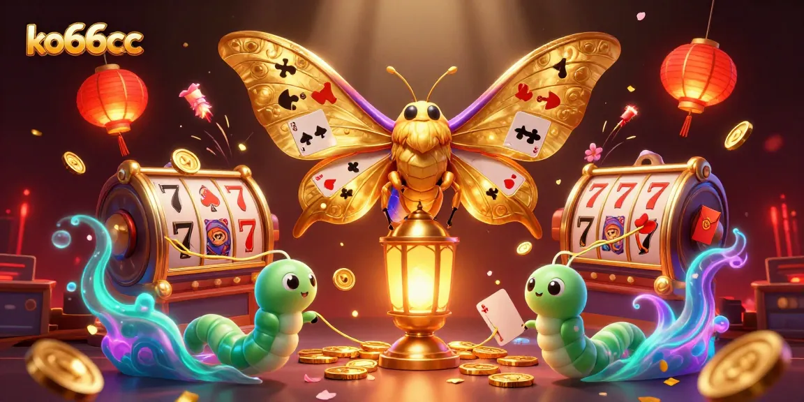 Bet at ko66cc with a captivating illustration featuring a golden moth and vibrant casino elements.