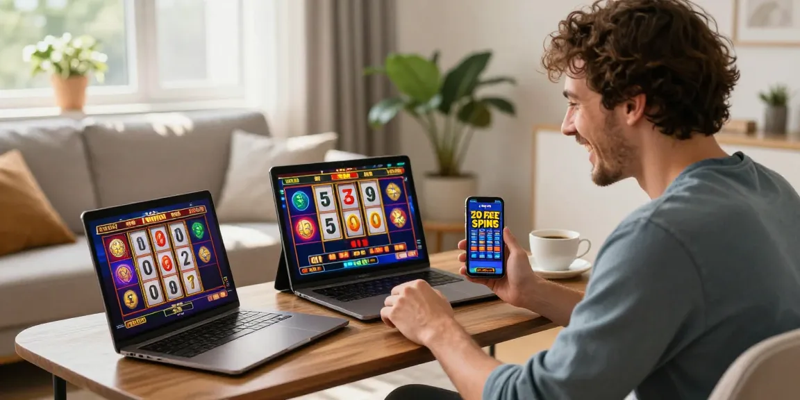 Experience 20 free spins on registration no deposit with an excited player enjoying online slots at home in a cozy, inviting atmosphere.