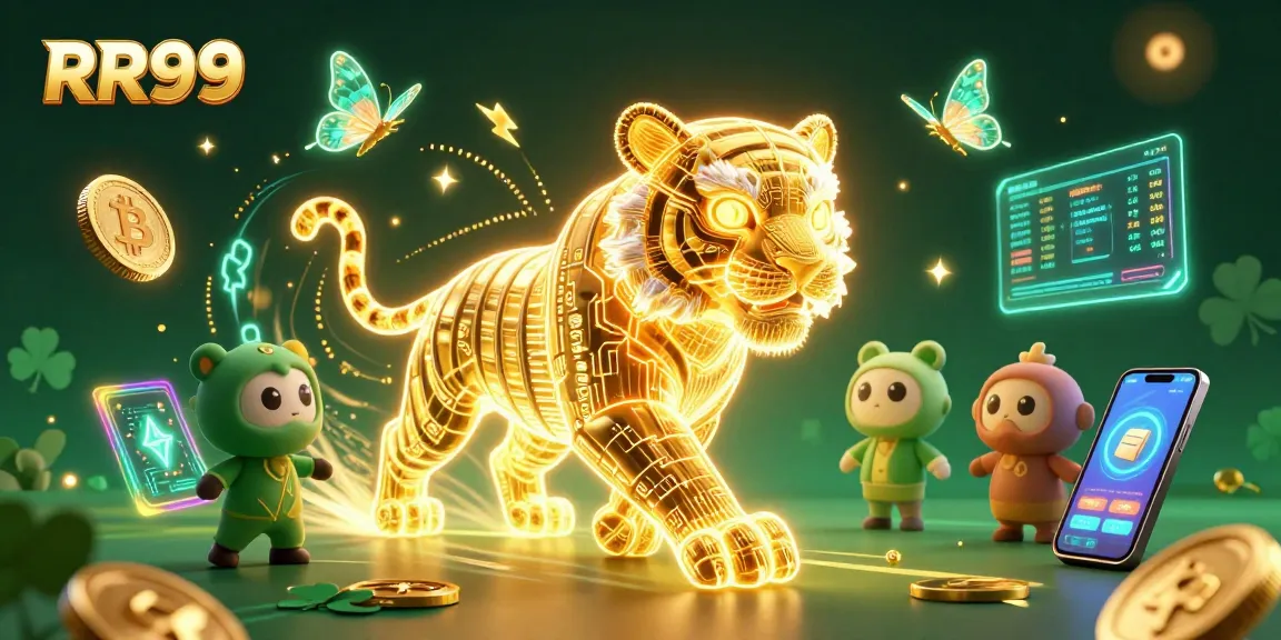 Experience the thrilling RR99 casino world with a neon-wireframe tiger and crypto coins.