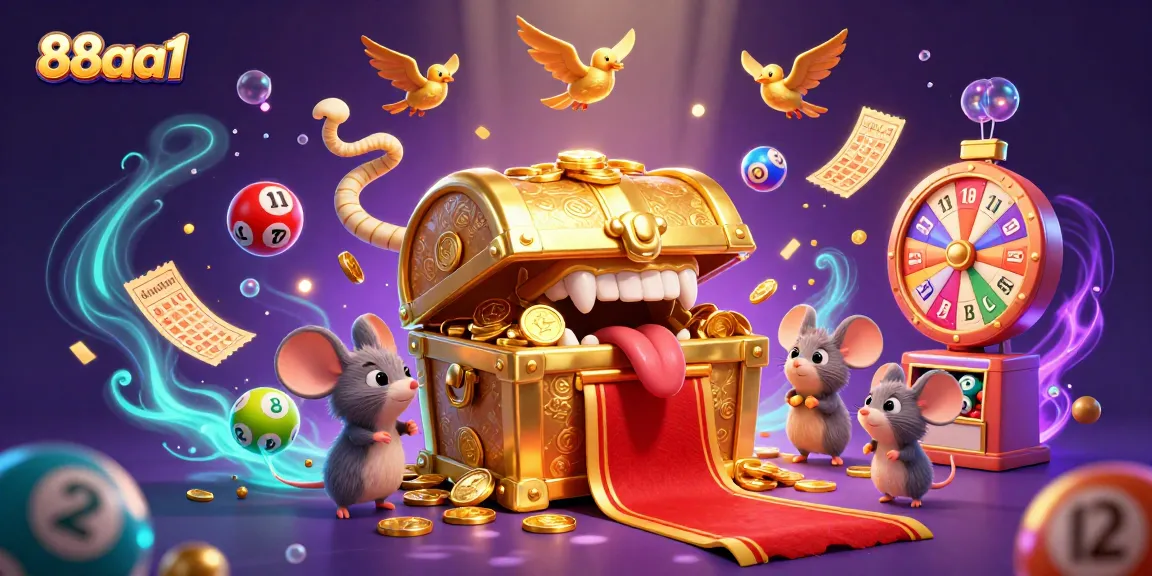 Experience the excitement of gambling at 88aa1 with vibrant lottery elements and a treasure chest inviting players.