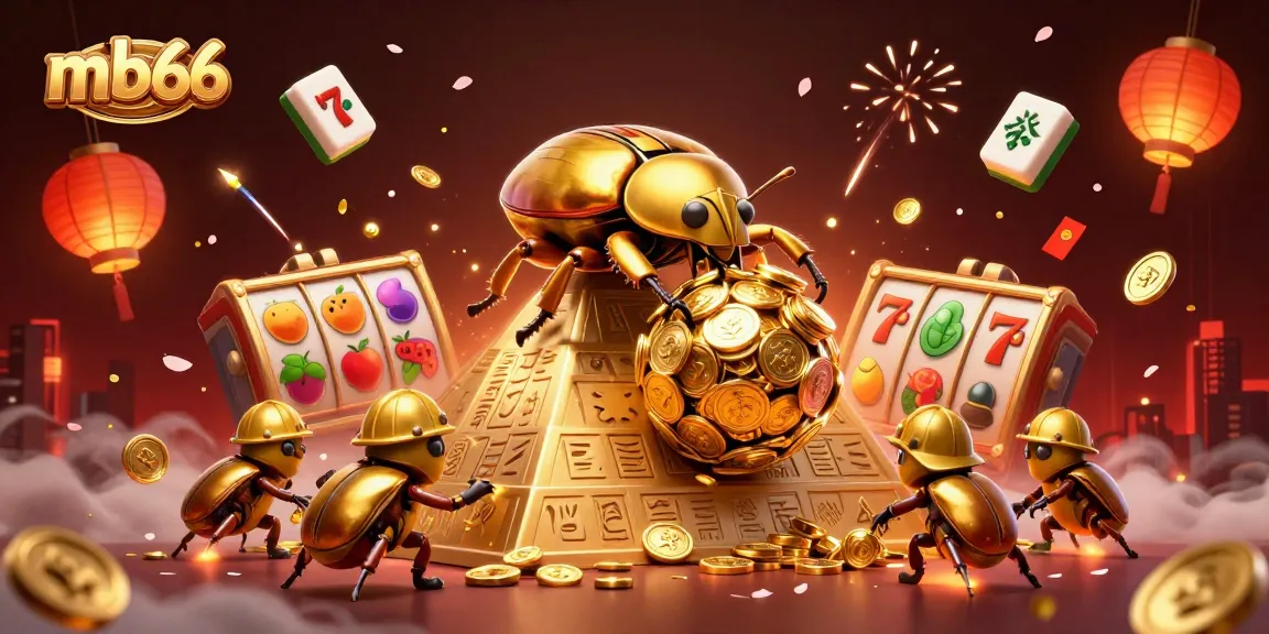 Engage with mb66's vibrant casino scene featuring golden beetles and festive symbols.