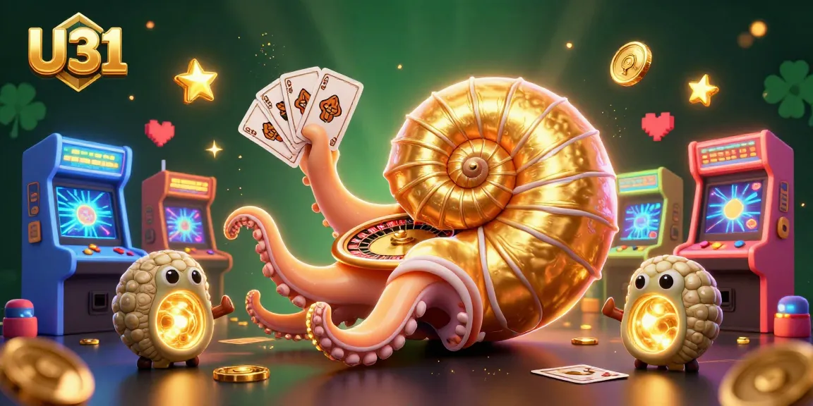 Experience U31's vibrant gaming world featuring an ancient nautilus roulette wheel and glowing arcade machines.
