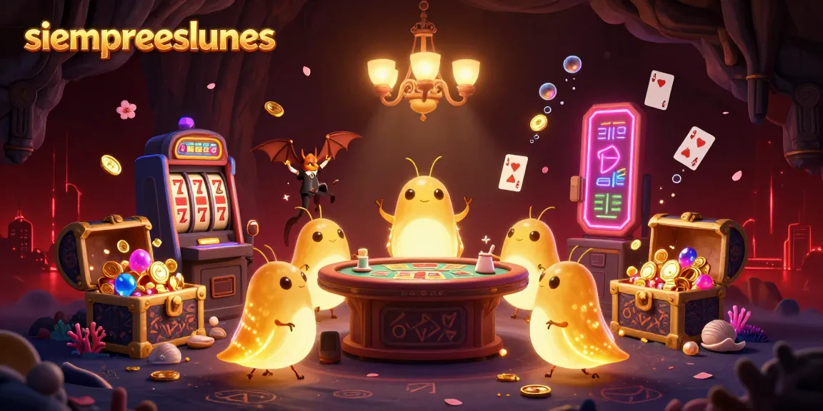 Experience the vibrant glow of siempreeslunes as illuminated glowworms light up a bustling cave casino.