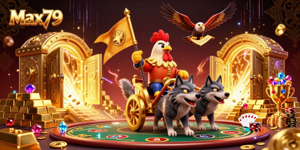 Max79 engages in exhilarating casino action with vibrant poker elements and rich treasure details.