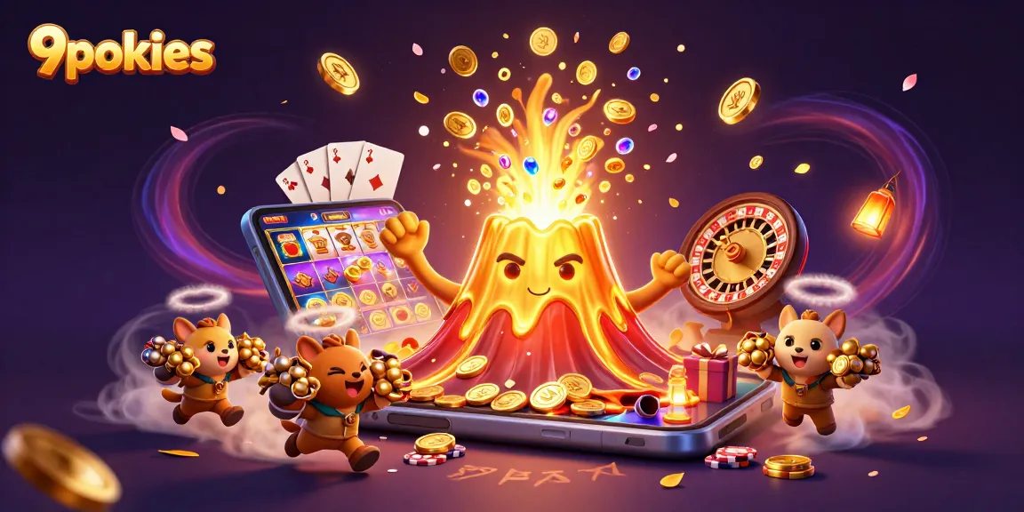 Players explore thrilling 9pokies adventures with vibrant coins and colorful gaming elements.