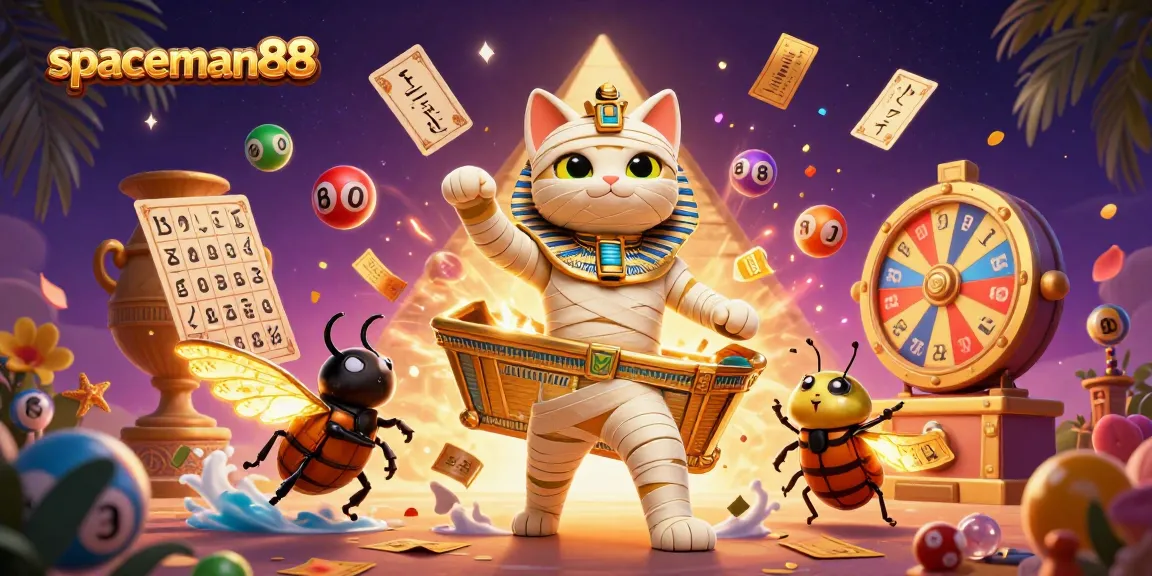 Join the adventure with spaceman88 in a vibrant casino scene featuring exciting lottery elements and ancient symbols.